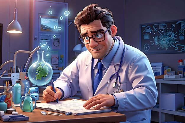 Doctor haciendo investigación de virus ilustración de personajes 3d