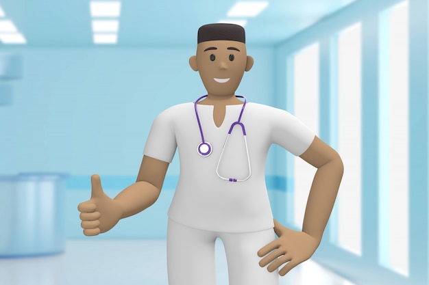 Doctor hombre africano en el interior médico del hospital pulgar arriba. Como, bueno, éxito. Persona de dibujos animados Representación 3D