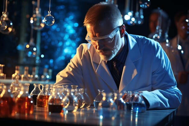 Doctor llevando a cabo un experimento científico preciso en el laboratorio con tubos de ensayo de vidrio