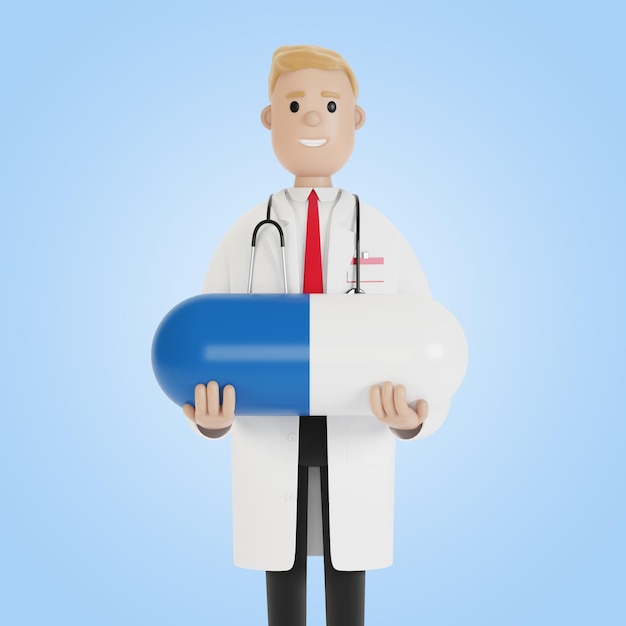 Doctor masculino con una gran píldora azul en sus manos ilustración 3D en estilo de dibujos animados