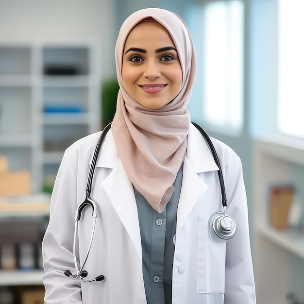 Doctor muslimah sonríe y usa bata blanca.