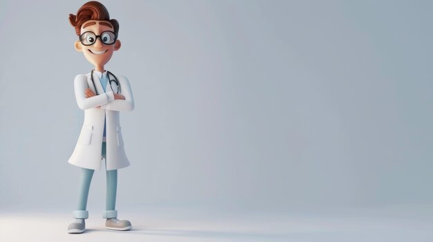 Doctor personaje de dibujos animados en 3D con estetoscopio y gafas concepto de atención médica