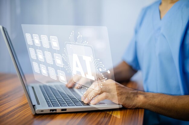 Doctor que usa tecnología AI en tratamiento y gestión de datos de documentos digitales en el sistema hospitalario Doctor AI inteligencia artificial en tecnología médica moderna y automatización IOT Doctor que usa AI