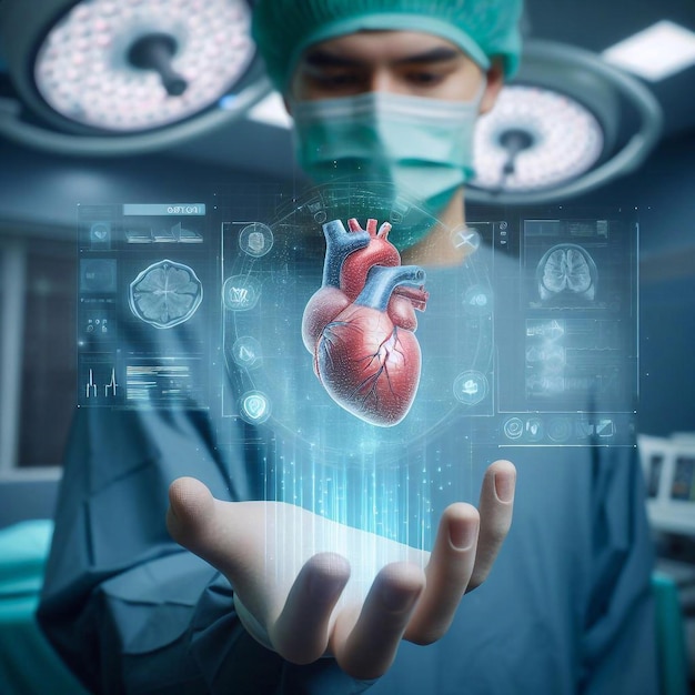 Doctor en sala de operaciones y sistema cardíaco tecnología de hologramas gráficos arte generativo ai