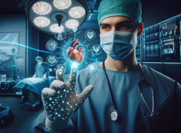 Doctor en sala de operaciones y sistema cardíaco tecnología de hologramas gráficos arte generativo ai