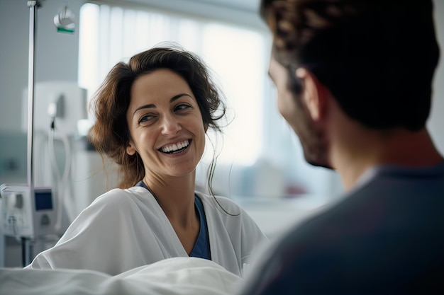 Doctor sonriendo y bromeando con el paciente en la habitación del hospital