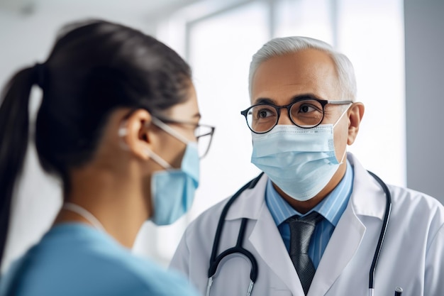 Doctor sonriente en una máscara examinando a un paciente con cuidado y compasión