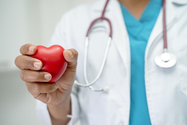 Doctor sosteniendo un corazón rojo en la sala del hospital concepto médico fuerte y saludable