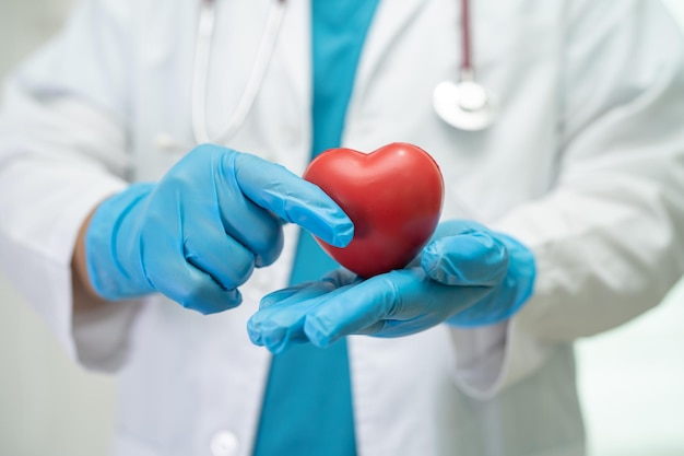 Doctor sosteniendo un corazón rojo en la sala del hospital concepto médico fuerte y saludable