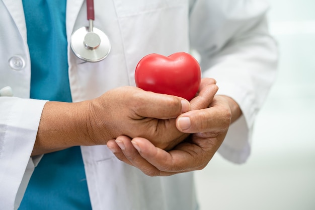 Doctor sosteniendo un corazón rojo en la sala del hospital concepto médico fuerte y saludable