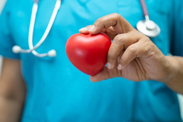 Doctor sosteniendo un corazón rojo en la sala del hospital concepto médico fuerte y saludable