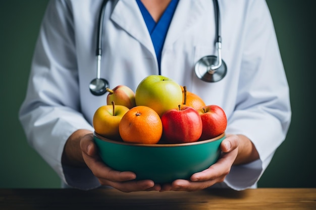 Doctor sosteniendo un plato de fruta nutritiva AI