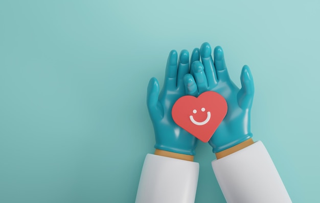 Doctor usando guantes médicos sosteniendo la cara feliz del corazón sobre fondo verde claro