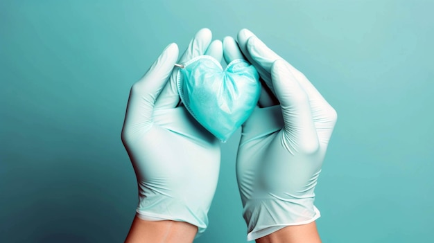 Doctor39s manos en guantes médicos en forma de corazón sobre fondo azul AI generativo