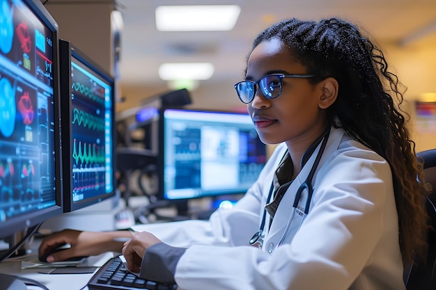 una doctora africana en una bata de laboratorio está trabajando en una computadora