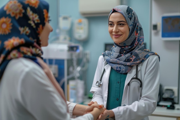 Doctora amigable con hijab estrechando la mano con un paciente en la sala de exámenes