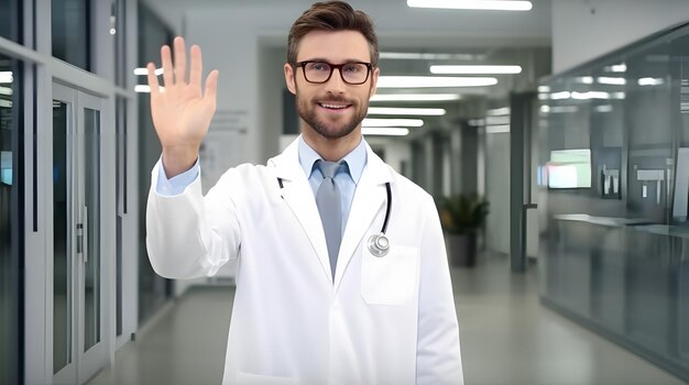 Foto doctora amigable y sonriente levantando la mano se presenta de pie en bata blanca de laboratorio