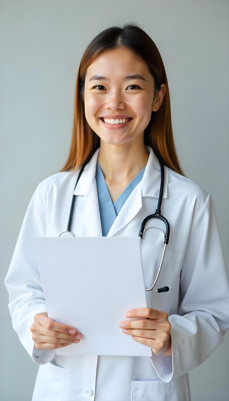 una doctora asiática con un estetoscopio alrededor del cuello