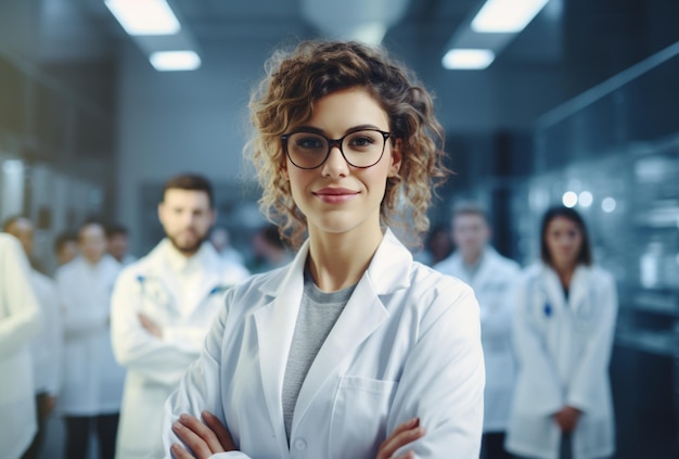 doctora con bata blanca y gafas en el laboratorio