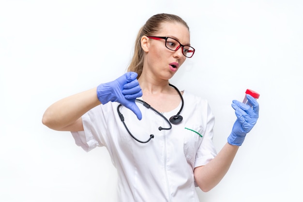 Foto doctora en bata blanca y guantes sostiene el recipiente y muestra los pulgares hacia abajo