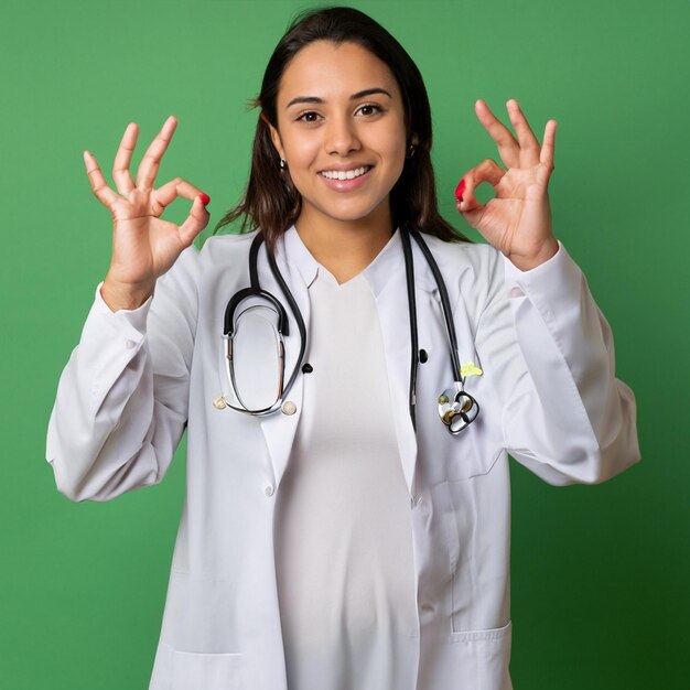 Una doctora con bata blanca hace un signo de paz