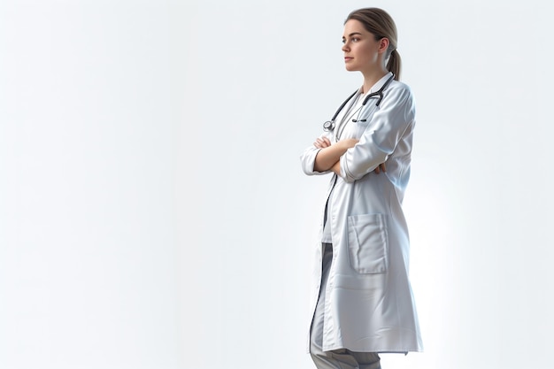 Doctora con bata blanca de laboratorio zapatos elegantes con un estetoscopio alrededor de su cuello ella es confidencial