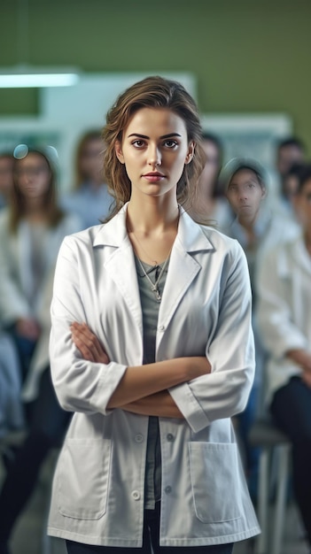 Una doctora confiada de pie en la primera fila en el fondo de la sala de seminarios médicos
