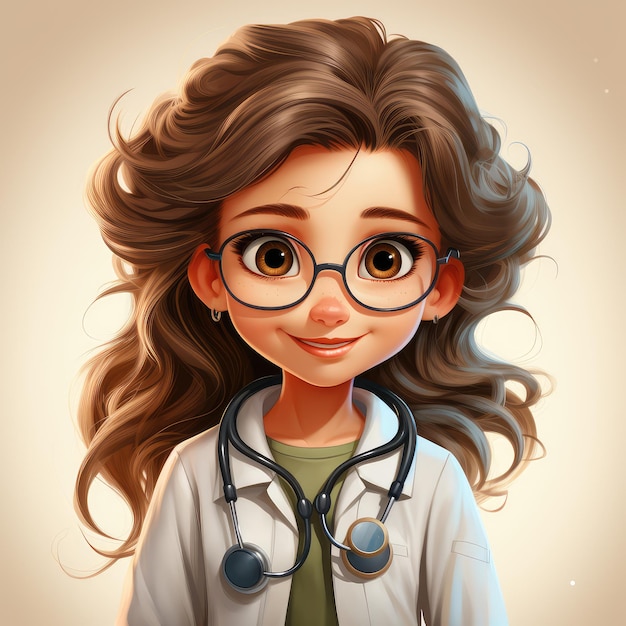 Doctora de dibujos animados con estetoscopio y cabello rizado.