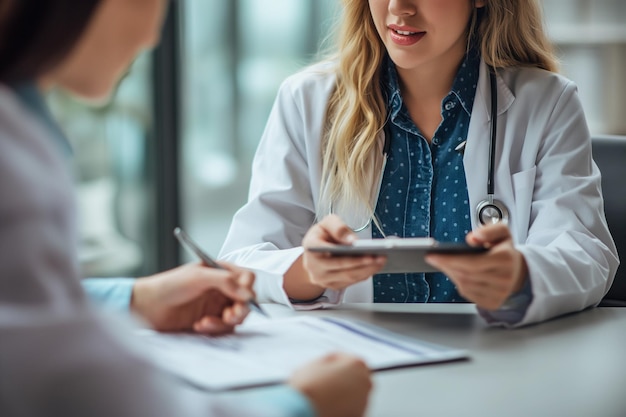 Una doctora diligente discute los registros de salud en una tableta digital con su paciente durante una consulta médica en una clínica