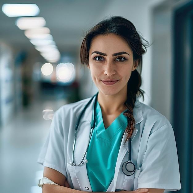 una doctora está de pie en un pasillo con los brazos cruzados