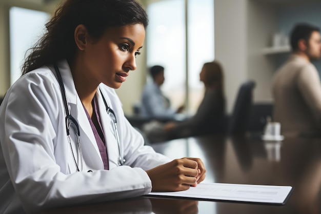 Una doctora está sentada en un escritorio mirando un clipboard con un paciente y otro médico en el fondo