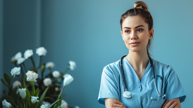 una doctora con un estetoscopio en el cuello de pie frente a las flores