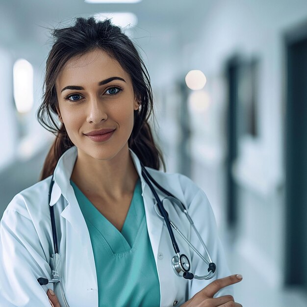 una doctora con un estetoscopio en el cuello