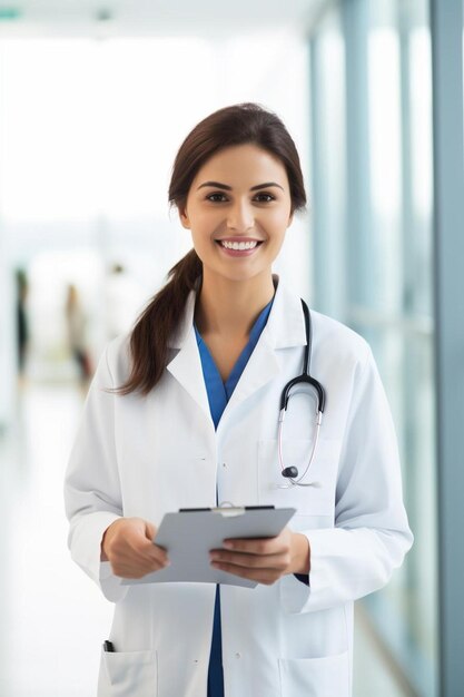 Foto doctora con un estetoscopio en el cuello.