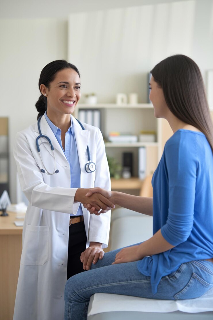 Foto doctora estrechando la mano de un paciente en la oficina médica