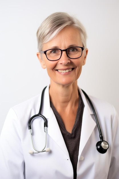 una doctora con gafas y un estetoscopio en el cuello