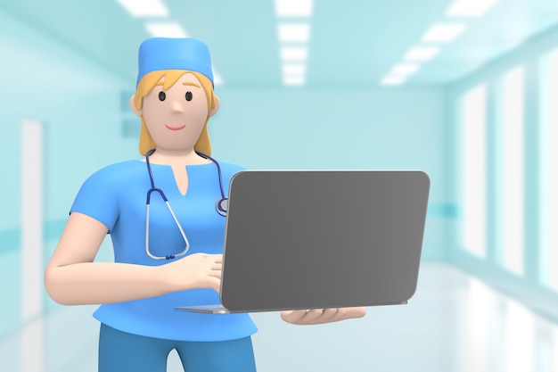 Doctora en el interior médico del hospital tiene una computadora portátil. Persona de dibujos animados Representación 3D