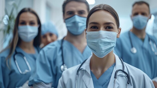 Foto una doctora con una máscara quirúrgica y una cirujana en el fondo