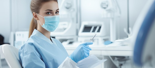 Doctora con mascarilla y guantes junto al paciente en el sillón dental con espejos bucales