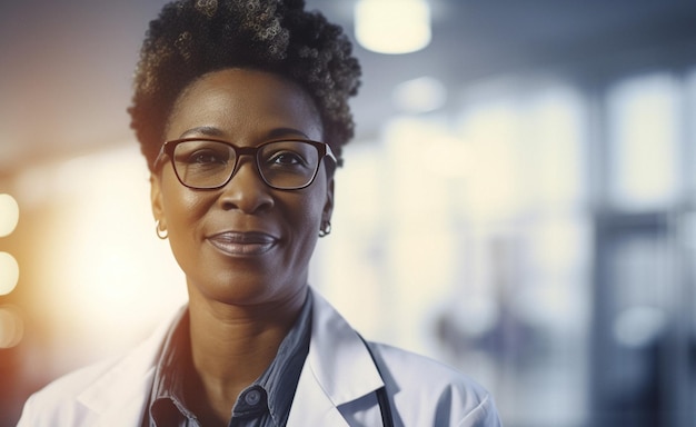 Doctora negra y hospital de cara con confianza y sonrisa clínica médica para profesionales