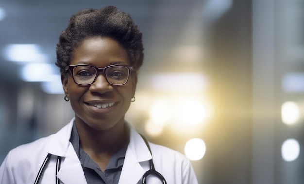 Doctora negra y rostro en el hospital con confianza y sonrisa en la clínica médica