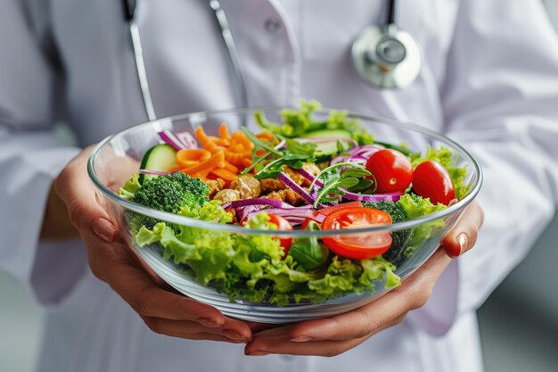 Foto una doctora nutricionista que sostiene un tazón con una ensalada de verduras saludable