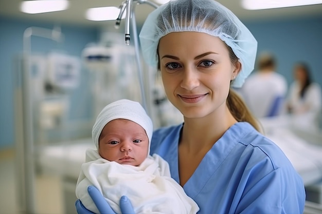 Foto doctora o enfermera linda está sosteniendo a un bebé recién nacido en el hospital