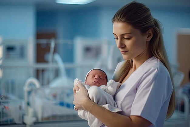 Foto doctora o enfermera linda está sosteniendo a un bebé recién nacido en el hospital