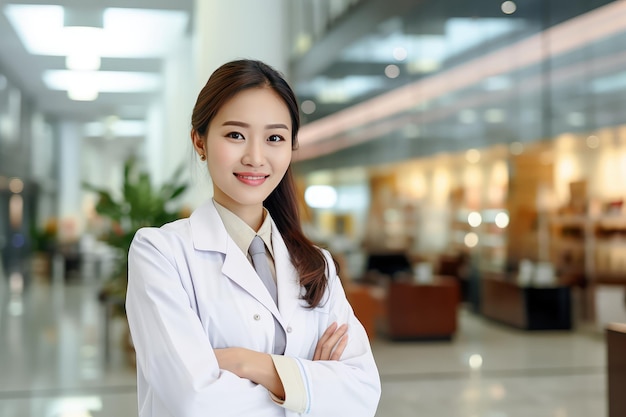 Una doctora se para en una oficina ocupada con los brazos cruzados