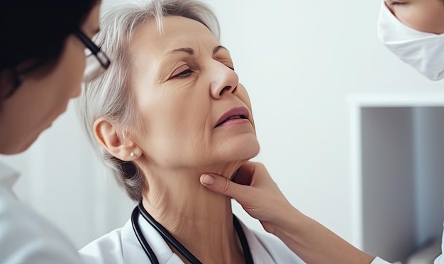 La doctora palpa el cuello de una mujer de mediana edad durante el examen físico Creando usando herramientas generativas de IA