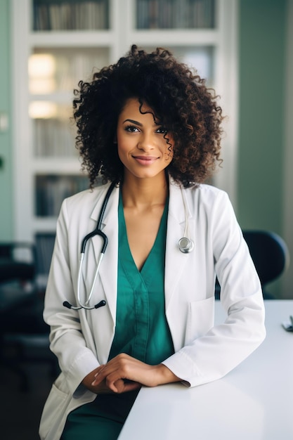 Una doctora con pelo rizado de apariencia afroamericana con una bata blanca está sonriendo