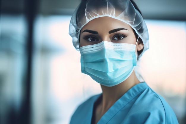 Una doctora que usa una máscara médica quirúrgica higiénica para la cara Protección contra la enfermedad contagiosa coronavirus