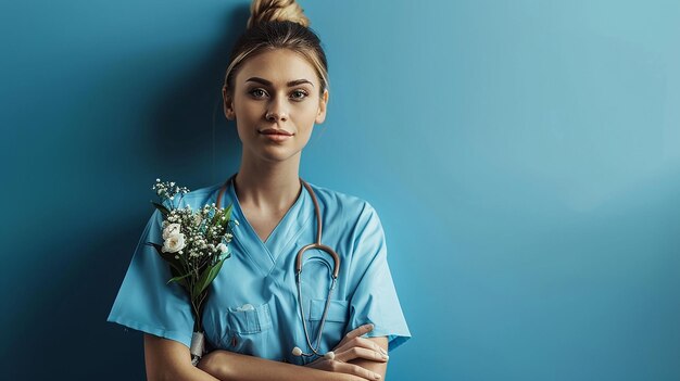 una doctora con un ramo de flores en sus brazos