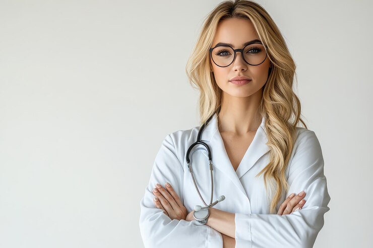Una doctora rubia está de pie con los brazos cruzados sobre un fondo blanco en el estilo de highresolu